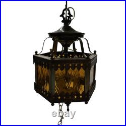 Swag Hanging Lamp Amber Metal 14 ft Chain3 Candle Bulbs 15 in No Plug MCM Vtg