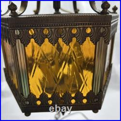 Swag Hanging Lamp Amber Metal 14 ft Chain3 Candle Bulbs 15 in No Plug MCM Vtg