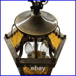 Swag Hanging Lamp Amber Metal 14 ft Chain3 Candle Bulbs 15 in No Plug MCM Vtg
