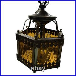 Swag Hanging Lamp Amber Metal 14 ft Chain3 Candle Bulbs 15 in No Plug MCM Vtg