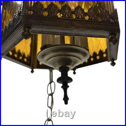 Swag Hanging Lamp Amber Metal 14 ft Chain3 Candle Bulbs 15 in No Plug MCM Vtg