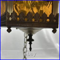 Swag Hanging Lamp Amber Metal 14 ft Chain3 Candle Bulbs 15 in No Plug MCM Vtg