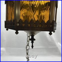 Swag Hanging Lamp Amber Metal 14 ft Chain3 Candle Bulbs 15 in No Plug MCM Vtg