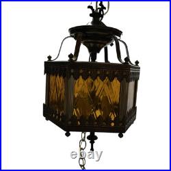 Swag Hanging Lamp Amber Metal 14 ft Chain3 Candle Bulbs 15 in No Plug MCM Vtg
