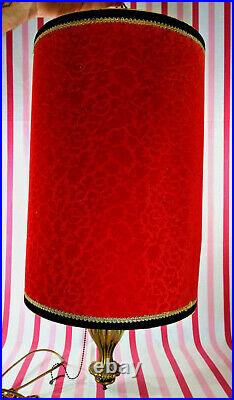 Swanky Vintage 1970's Red VELVET 26 Hanging Drum Shade SWAG Lamp with Pull Chain
