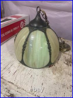 This is a vintage Tiffany-style slag glass hanging lamp medium tulip