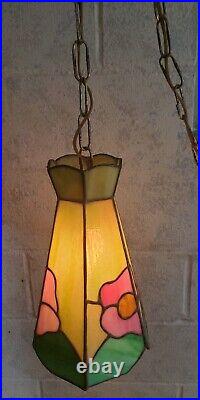 Tiffany Style Stained Leaded Glass Vintage Hanging Swag Chain Lamp Light