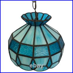 Tiffany Style Vintage Blue Stained Glass MCM Mid Century Modern Swag Hang Lamp