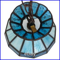 Tiffany Style Vintage Blue Stained Glass MCM Mid Century Modern Swag Hang Lamp