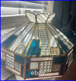 Tiffany Style Vintage Lamp Stained Glass Teal-White-Clear Overhead Hanging Lamp
