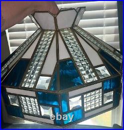 Tiffany Style Vintage Lamp Stained Glass Teal-White-Clear Overhead Hanging Lamp