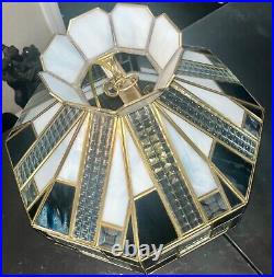 Tiffany Style Vintage Lamp Stained Glass Teal-White-Clear Overhead Hanging Lamp