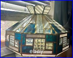 Tiffany Style Vintage Lamp Stained Glass Teal-White-Clear Overhead Hanging Lamp
