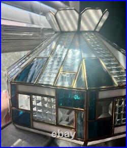 Tiffany Style Vintage Lamp Stained Glass Teal-White-Clear Overhead Hanging Lamp