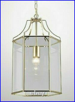 Traditional Hanging Lantern Hexagonal Chandelier Vintage French Gold Glass Light
