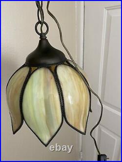 Tulip Hanging Light Slag Glass Swag Lamp Green Tan 8 Mid Century Retro Vintage