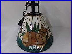 Unique Vintage Heavy Stained Glass Hanging Lamp Chandelier with Cats