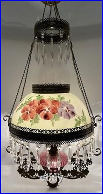 VICTORIAN HANGING LAMP LIGHT With CRYSTALS BRADLEY HUBBARD FENTON CRANBERRY SWIRL