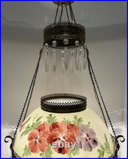 VICTORIAN HANGING LAMP LIGHT With CRYSTALS BRADLEY HUBBARD FENTON CRANBERRY SWIRL