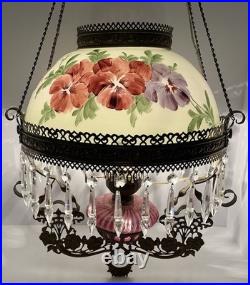 VICTORIAN HANGING LAMP LIGHT With CRYSTALS BRADLEY HUBBARD FENTON CRANBERRY SWIRL VICTORIAN HANGING LAMP LIGHT With CRYSTALS BRADLEY HUBBARD FENTON CRANBERRY SWIRL