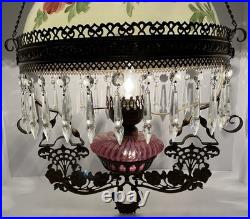 VICTORIAN HANGING LAMP LIGHT With CRYSTALS BRADLEY HUBBARD FENTON CRANBERRY SWIRL
