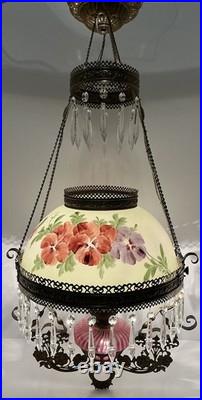 VICTORIAN HANGING LAMP LIGHT With CRYSTALS BRADLEY HUBBARD FENTON CRANBERRY SWIRL