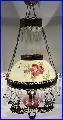 VICTORIAN HANGING LAMP LIGHT With CRYSTALS BRADLEY HUBBARD FENTON CRANBERRY SWIRL VICTORIAN HANGING LAMP LIGHT With CRYSTALS BRADLEY HUBBARD FENTON CRANBERRY SWIRL