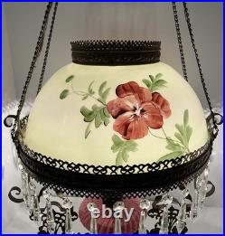 VICTORIAN HANGING LAMP LIGHT With CRYSTALS BRADLEY HUBBARD FENTON CRANBERRY SWIRL