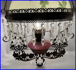 VICTORIAN HANGING LAMP LIGHT With CRYSTALS BRADLEY HUBBARD FENTON CRANBERRY SWIRL VICTORIAN HANGING LAMP LIGHT With CRYSTALS BRADLEY HUBBARD FENTON CRANBERRY SWIRL