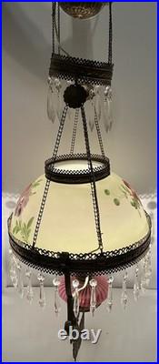 VICTORIAN HANGING LAMP LIGHT With CRYSTALS BRADLEY HUBBARD FENTON CRANBERRY SWIRL