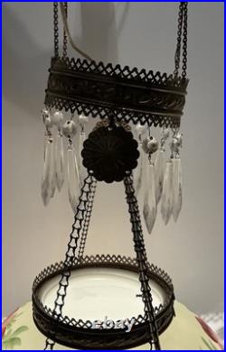 VICTORIAN HANGING LAMP LIGHT With CRYSTALS BRADLEY HUBBARD FENTON CRANBERRY SWIRL