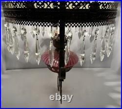 VICTORIAN HANGING LAMP LIGHT With CRYSTALS BRADLEY HUBBARD FENTON CRANBERRY SWIRL