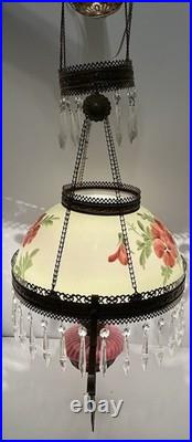 VICTORIAN HANGING LAMP LIGHT With CRYSTALS BRADLEY HUBBARD FENTON CRANBERRY SWIRL
