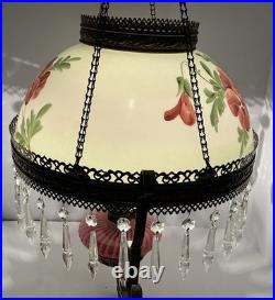 VICTORIAN HANGING LAMP LIGHT With CRYSTALS BRADLEY HUBBARD FENTON CRANBERRY SWIRL