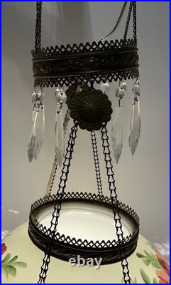 VICTORIAN HANGING LAMP LIGHT With CRYSTALS BRADLEY HUBBARD FENTON CRANBERRY SWIRL