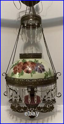 VICTORIAN HANGING LAMP LIGHT With CRYSTALS BRADLEY HUBBARD FENTON CRANBERRY SWIRL