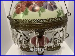 VICTORIAN HANGING LAMP LIGHT With CRYSTALS BRADLEY HUBBARD FENTON CRANBERRY SWIRL