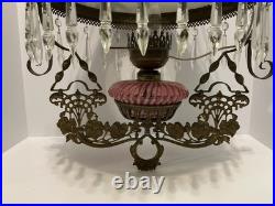 VICTORIAN HANGING LAMP LIGHT With CRYSTALS BRADLEY HUBBARD FENTON CRANBERRY SWIRL
