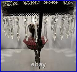 VICTORIAN HANGING LAMP LIGHT With CRYSTALS BRADLEY HUBBARD FENTON CRANBERRY SWIRL