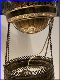 VICTORIAN HANGING LAMP LIGHT With CRYSTALS BRADLEY HUBBARD FENTON CRANBERRY SWIRL