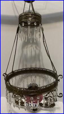 VICTORIAN HANGING LAMP LIGHT With CRYSTALS BRADLEY HUBBARD FENTON CRANBERRY SWIRL VICTORIAN HANGING LAMP LIGHT With CRYSTALS BRADLEY HUBBARD FENTON CRANBERRY SWIRL