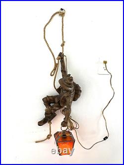 VINTAGE 70s GERMAN/SWISS MOUNTAIN CLIMBER AMBER STAINED GLASS HANGING LAMP