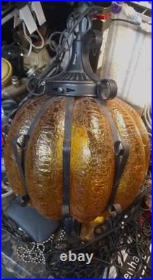 VINTAGE 70s MCM Amber Crackle Glass 10 Hanging Swag Lamp Pull Chain 10ft Cord