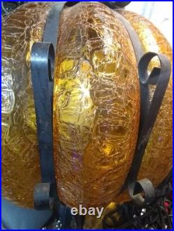 VINTAGE 70s MCM Amber Crackle Glass 10 Hanging Swag Lamp Pull Chain 10ft Cord