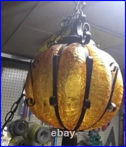 VINTAGE 70s MCM Amber Crackle Glass 10 Hanging Swag Lamp Pull Chain 10ft Cord