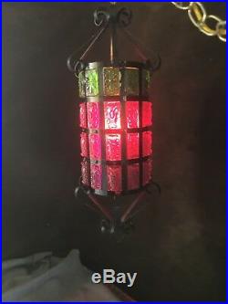 VINTAGE Amber RETRO MID CENTURY LUCITE CHUNK SWAG HANGING LAMP