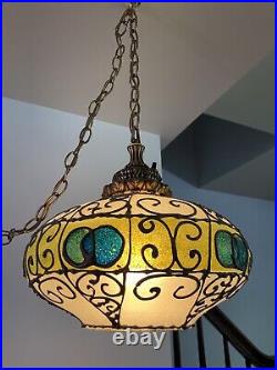 VINTAGE Green Hanging Swag Lamp 1970s Plug In WORKS Antique