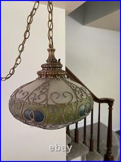 VINTAGE Green Hanging Swag Lamp 1970s Plug In WORKS Antique
