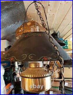 VINTAGE HANGING CEILING ELECTRIC Converted OIL LAMP Brass Base Tin Shade & Chain