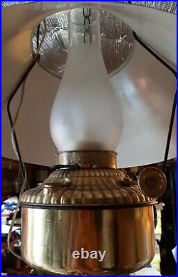 VINTAGE HANGING CEILING ELECTRIC Converted OIL LAMP Brass Base Tin Shade & Chain